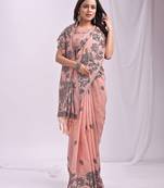 peach color embroidred linen cotton saree