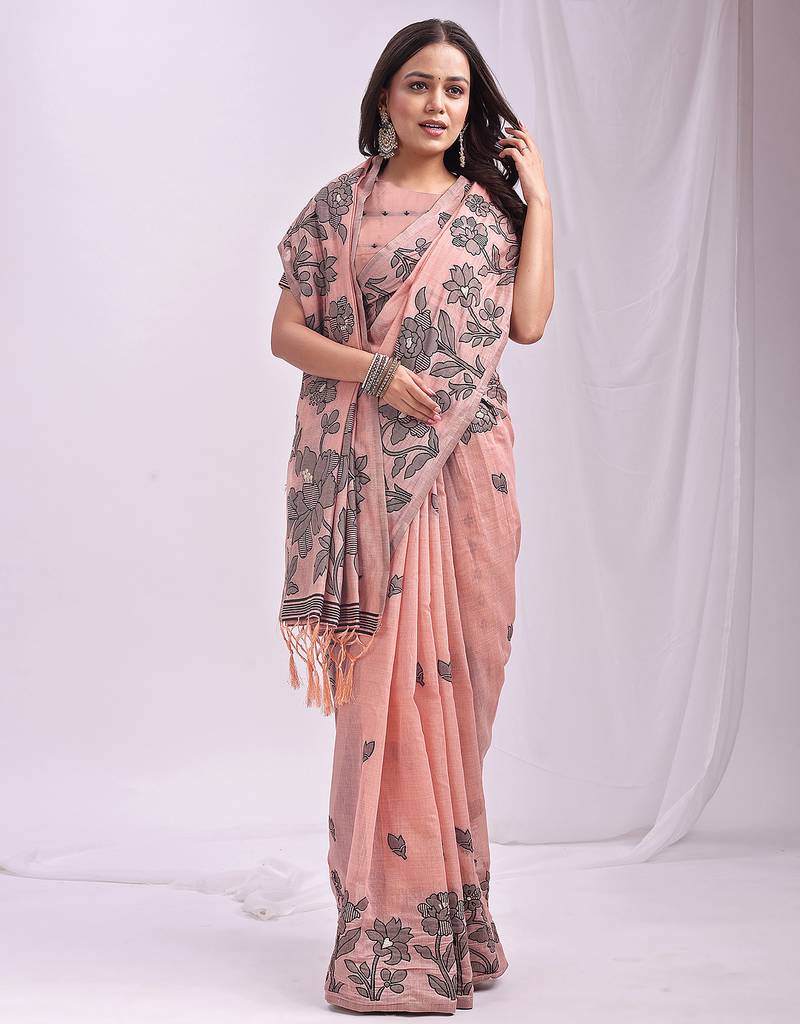 peach color embroidred linen cotton saree