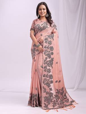 peach color embroidred linen cotton saree 2