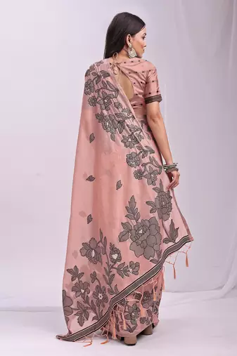 peach color embroidred linen cotton saree