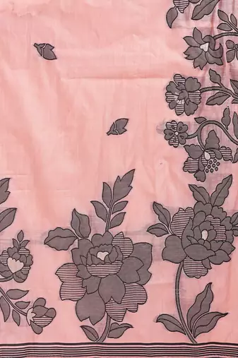 peach color embroidred linen cotton saree