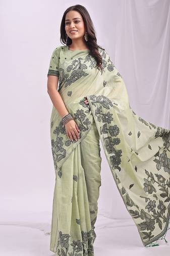 light green color embroidred linen cotton saree