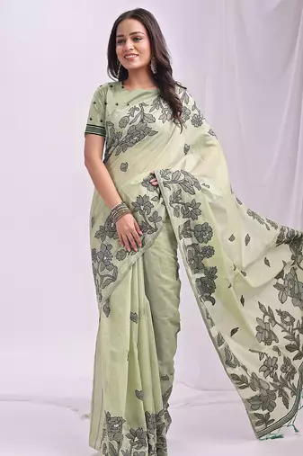light green color embroidred linen cotton saree