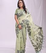 light green color embroidred linen cotton saree