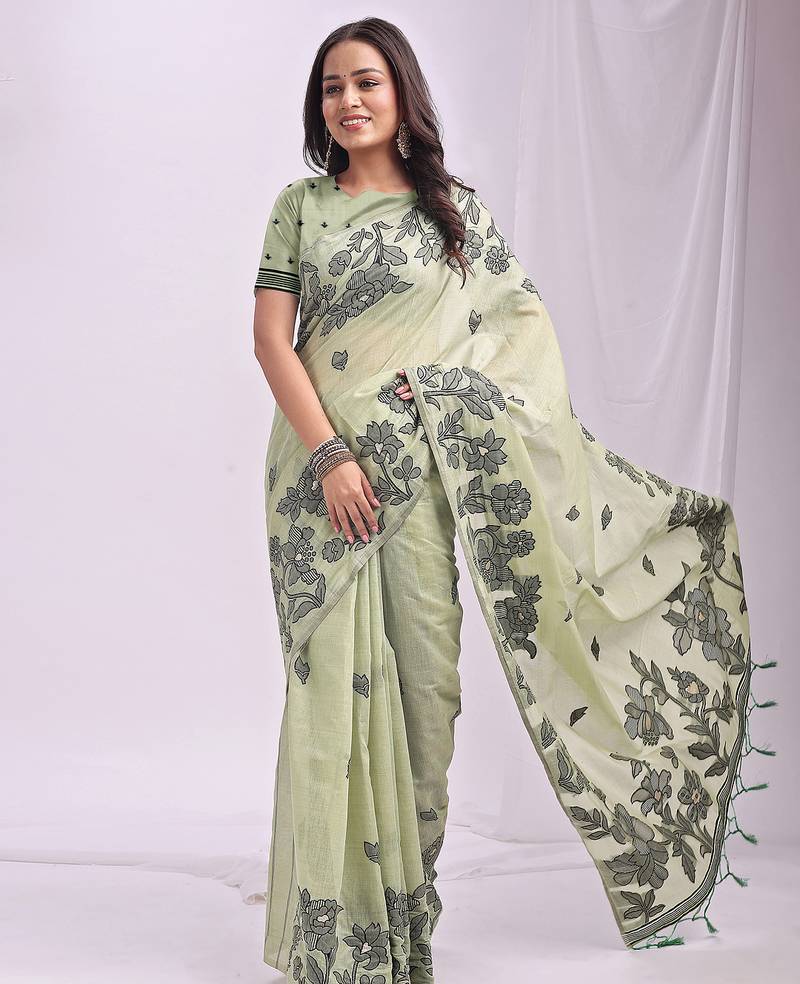 light green color embroidred linen cotton saree