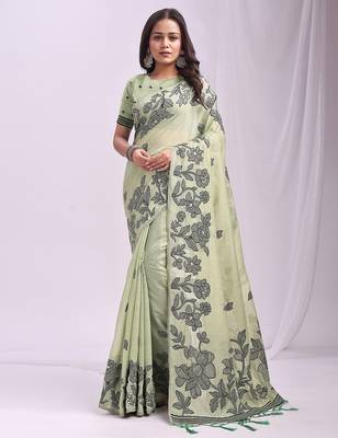 light green color embroidred linen cotton saree 2