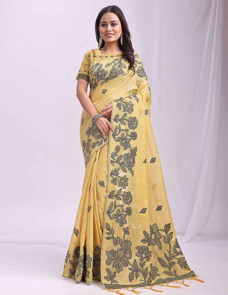 yellow color embroidred linen cotton saree