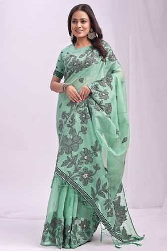 rama green color embroidred linen cotton saree
