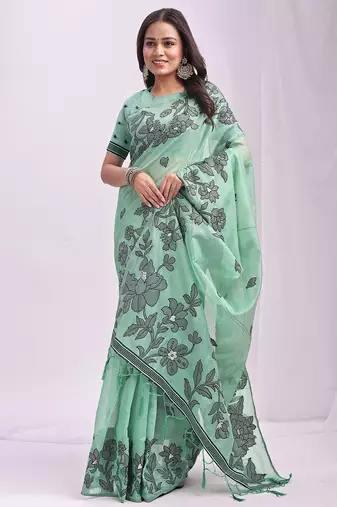 rama green color embroidred linen cotton saree