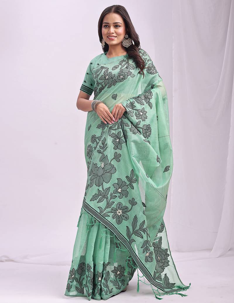 rama green color embroidred linen cotton saree