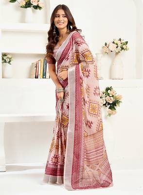 White maroon digital printed linen ready to wear designer saree with unstitched blouse 6