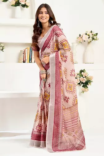 White maroon digital printed linen ready to wear designer saree with unstitched blouse