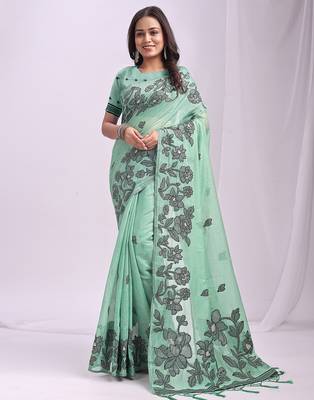 rama green color embroidred linen cotton saree 2