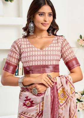 White maroon digital printed linen ready to wear designer saree with unstitched blouse 7