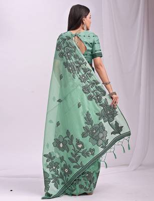 rama green color embroidred linen cotton saree 3