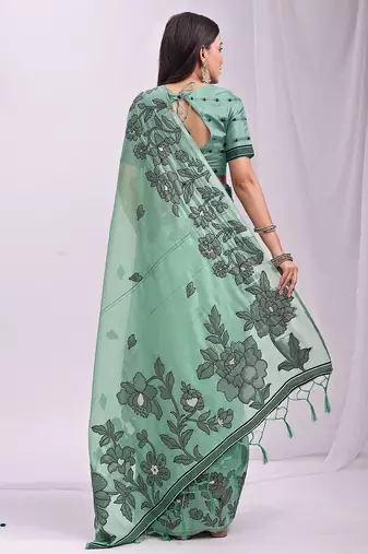 rama green color embroidred linen cotton saree