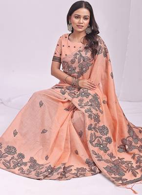 Cream color embroidred linen cotton saree 2
