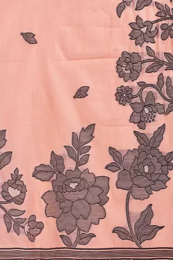 Cream color embroidred linen cotton saree
