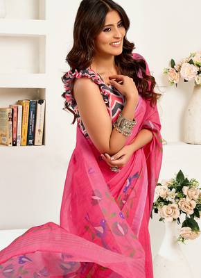 Pink digital printed linen ready to wear designer saree with unstitched blouse 6