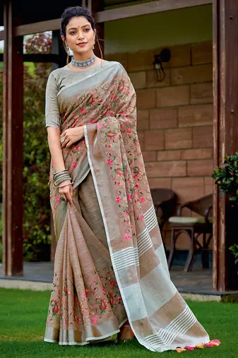 brown color embroidered & zari border linen saree with blouse