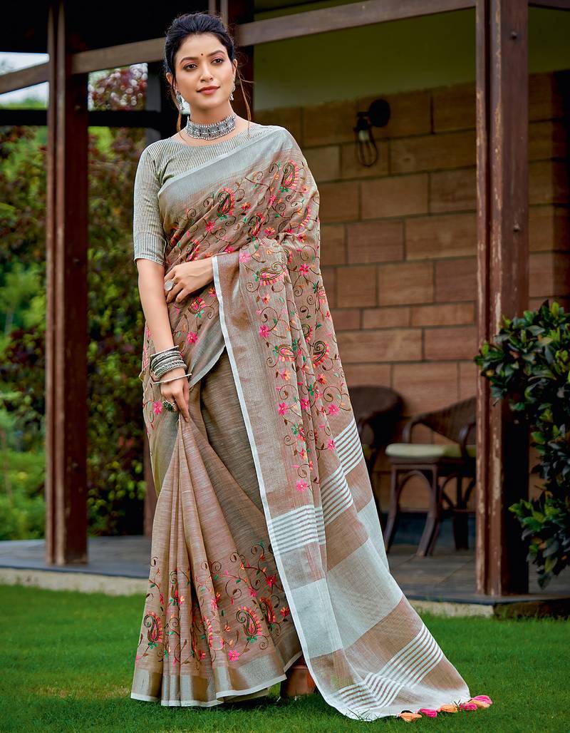 brown color embroidered & zari border linen saree with blouse