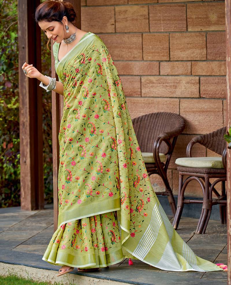 yellow green color embroidered & zari border linen saree with blouse