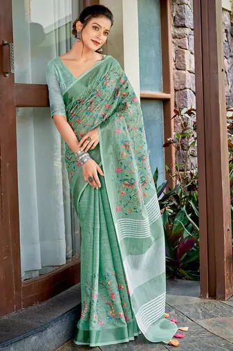 sea green color embroidered & zari border linen saree with blouse