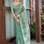 sea green color embroidered & zari border linen saree with blouse
