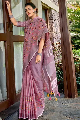 purple color embroidered & zari border linen saree with blouse