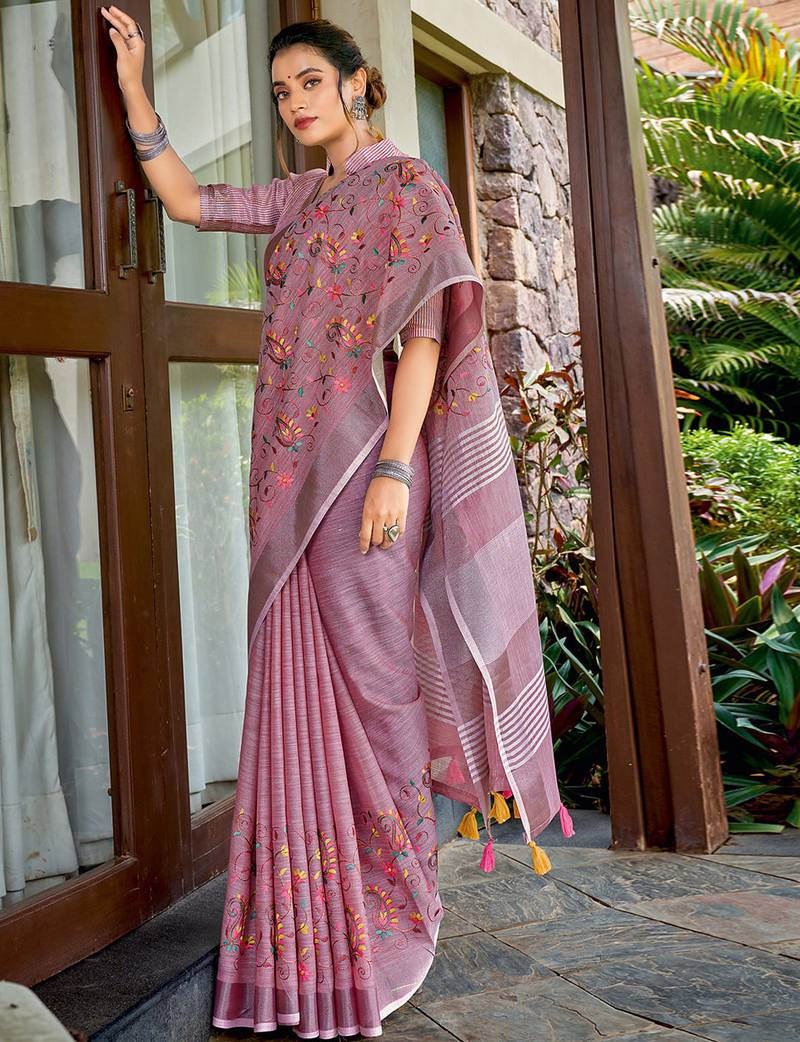 purple color embroidered & zari border linen saree with blouse