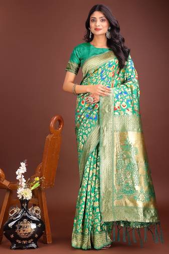 green color lichi art silk blend woven work saree