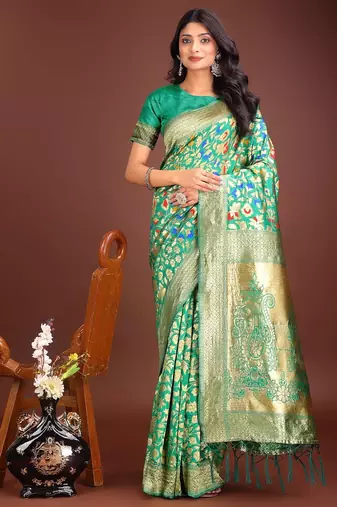 green color lichi art silk blend woven work saree