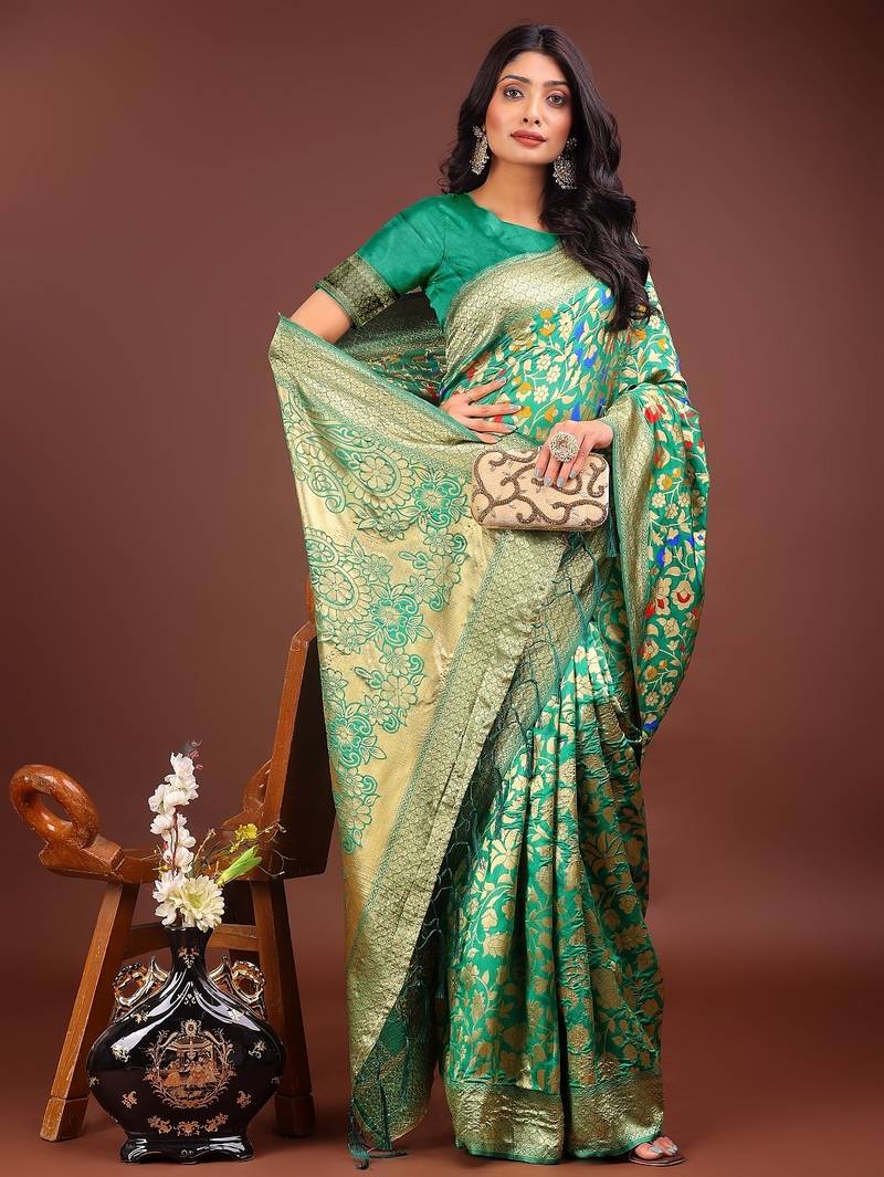 green color lichi art silk blend woven work saree