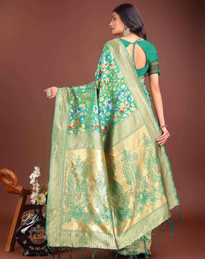 green color lichi art silk blend woven work saree