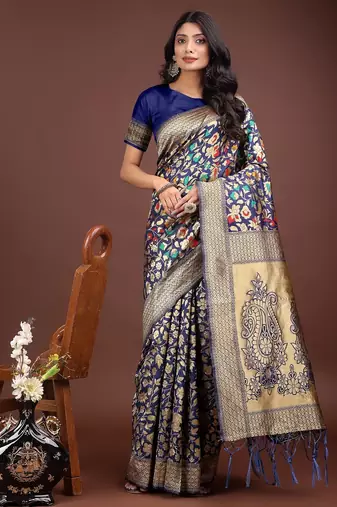 navy blue color lichi art silk blend woven work saree