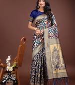 navy blue color lichi art silk blend woven work saree