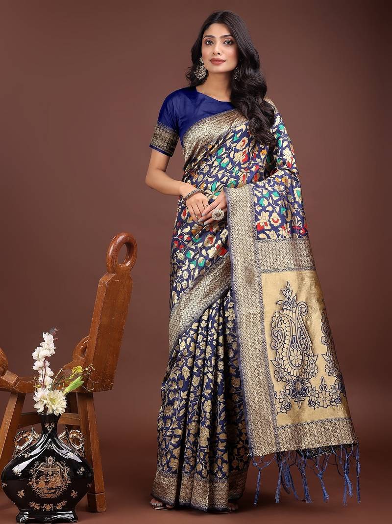 navy blue color lichi art silk blend woven work saree