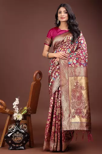 magenta color lichi art silk blend woven work saree