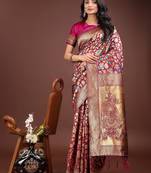 magenta color lichi art silk blend woven work saree