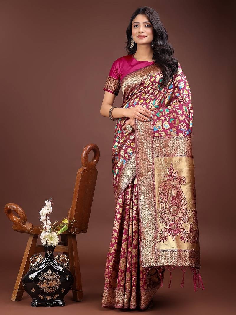 magenta color lichi art silk blend woven work saree