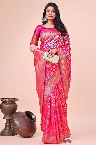 pink color lichi art silk blend woven work saree