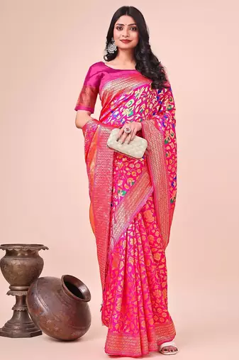 pink color lichi art silk blend woven work saree