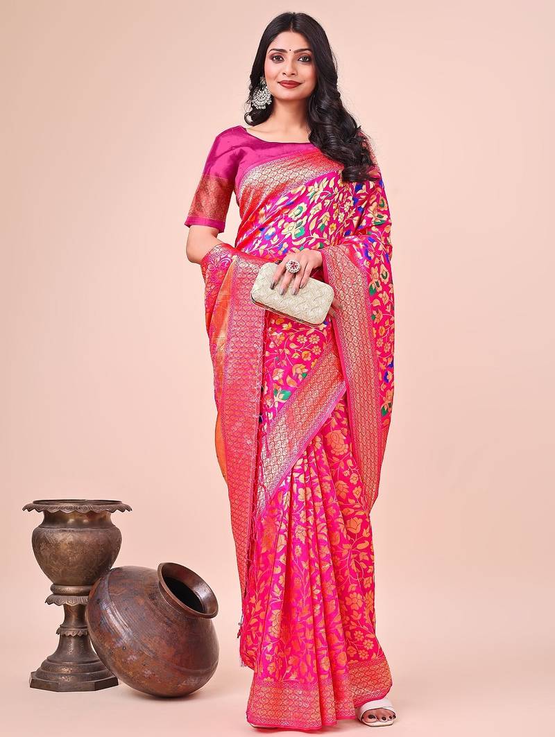 pink color lichi art silk blend woven work saree