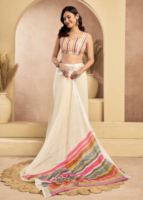 Digital printed linen ready to wear pocket saree with unstitched blouse 7