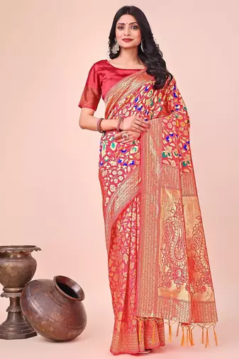 maroon color lichi art silk blend woven work saree