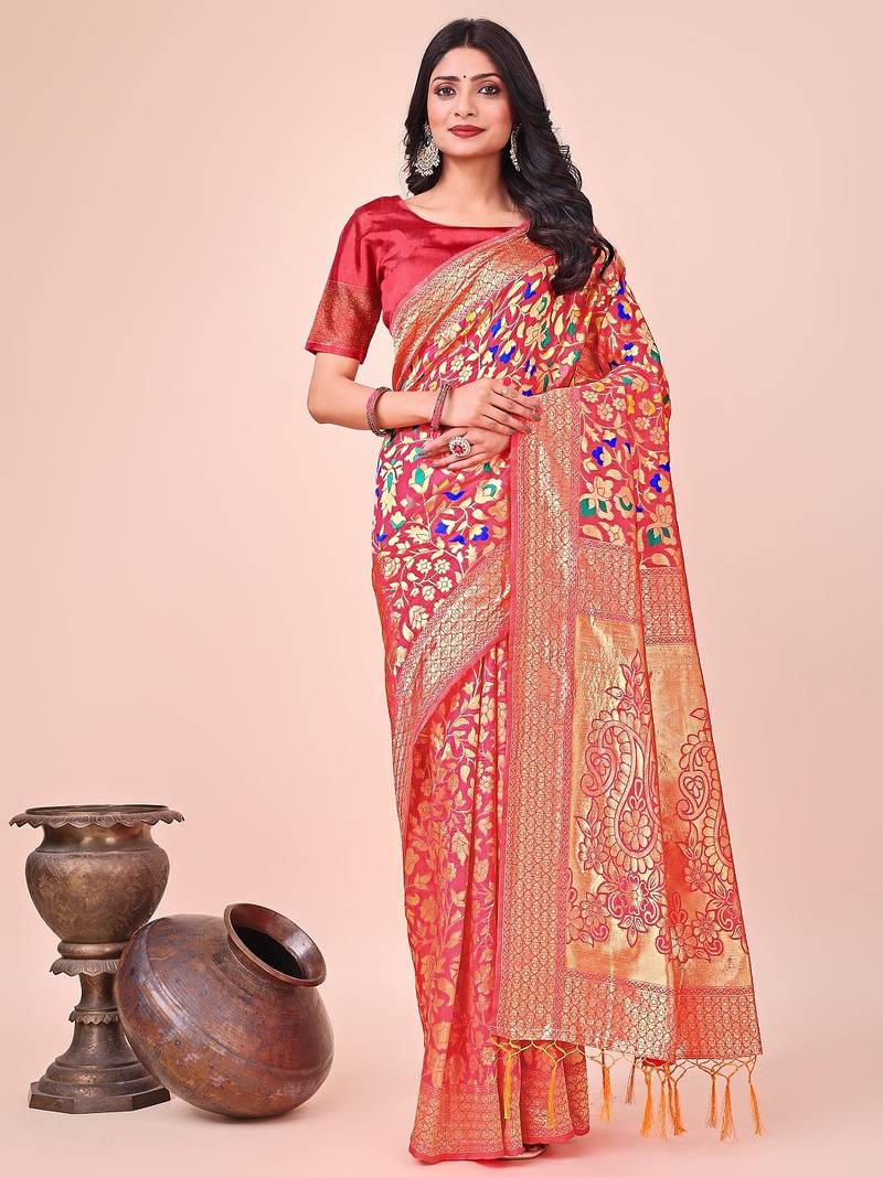 maroon color lichi art silk blend woven work saree