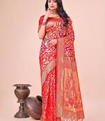 red color lichi art silk blend woven work saree