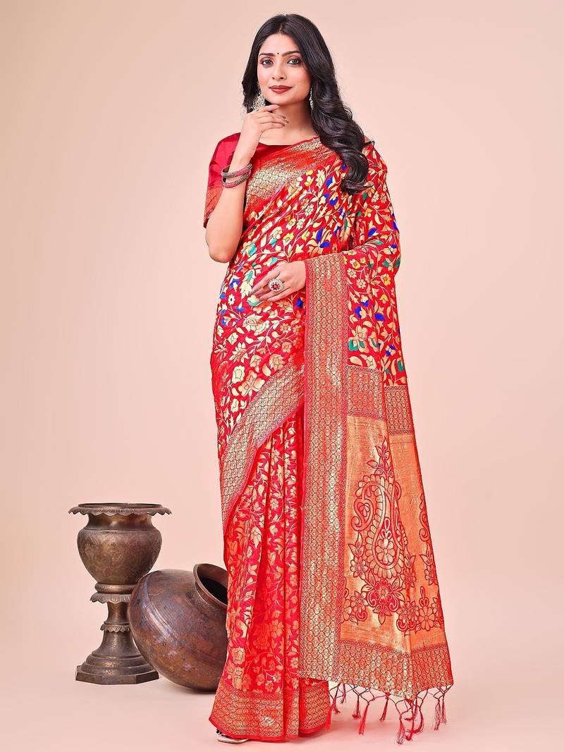 red color lichi art silk blend woven work saree