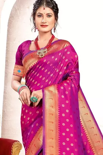 purple color woven work paithani art silk blend saree