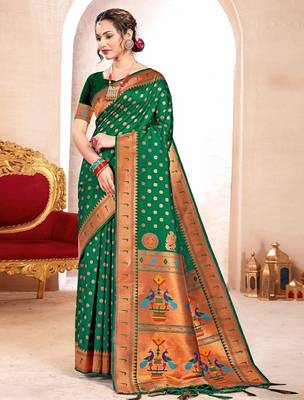 green color woven work paithani art silk blend saree 1